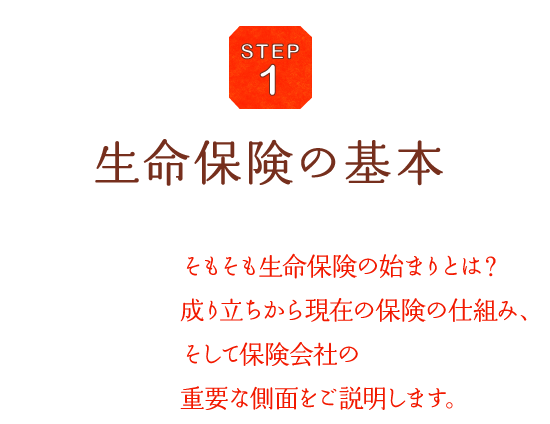 STEP1 生命保険の基本 そもそも生命保険の始まりとは？成り立ちから現在の保険の仕組み、そして保険会社の重要な側面をご説明します。